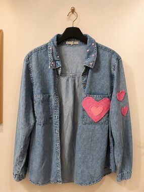Maurices Light Blue Denim Button-Down Shirt with Pink Heart Patches